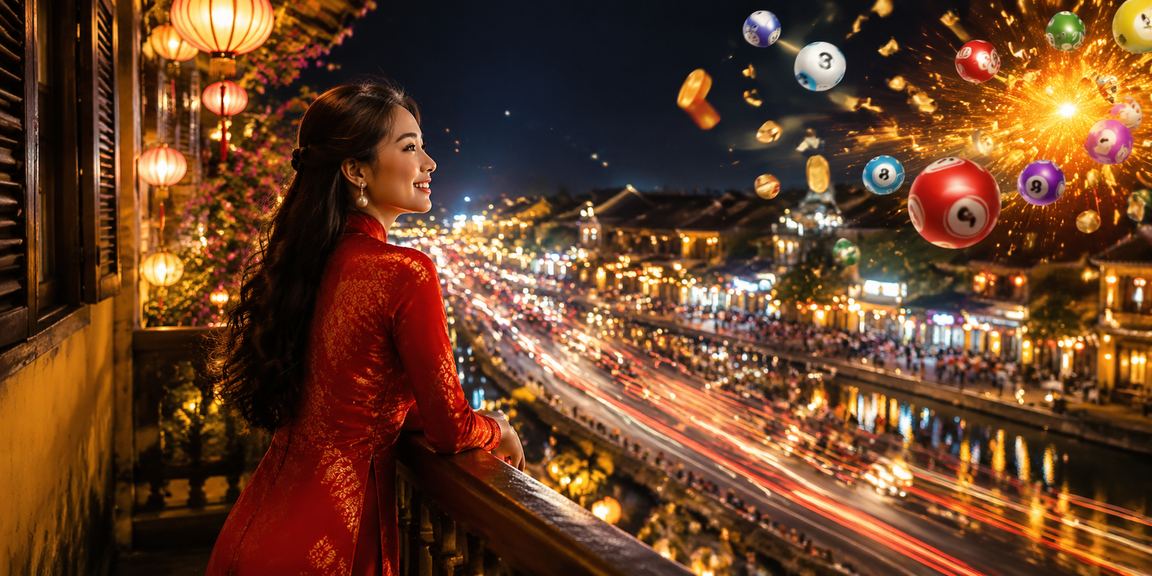 Giao diện xổ số neon rực rỡ tại Hội An về đêm