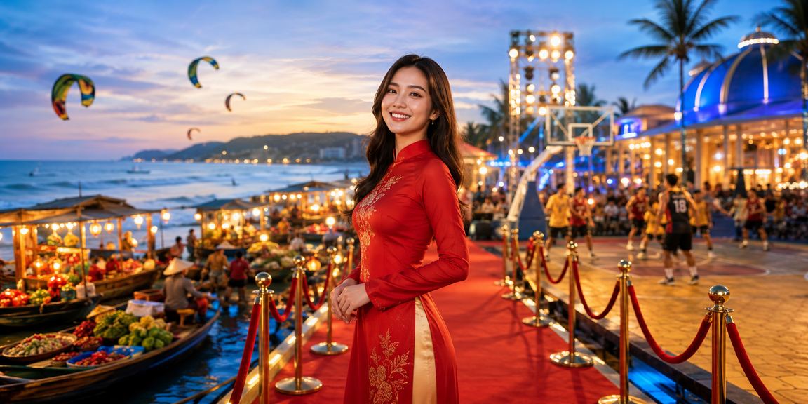 Người phụ nữ mặc áo dài tại Mũi Né dùng điện thoại theo dõi cược bóng rổ và thể thao trực tuyến